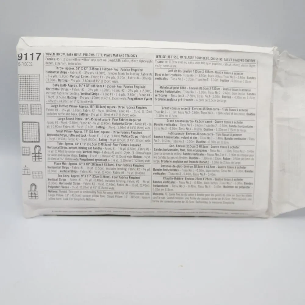 Simplicity 9117 Crafts Patchwork Quilting Throw Pillow Tote ONE SIZE 1990s